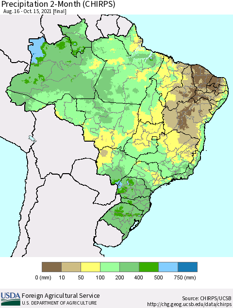 Brazil Precipitation 2-Month (CHIRPS) Thematic Map For 8/16/2021 - 10/15/2021