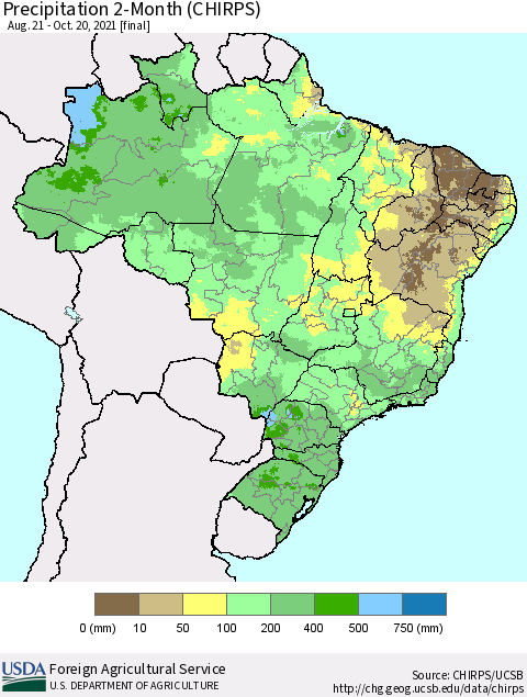 Brazil Precipitation 2-Month (CHIRPS) Thematic Map For 8/21/2021 - 10/20/2021