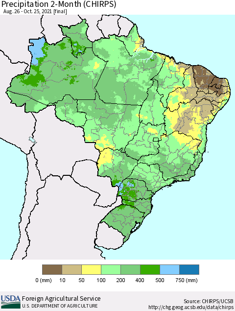 Brazil Precipitation 2-Month (CHIRPS) Thematic Map For 8/26/2021 - 10/25/2021