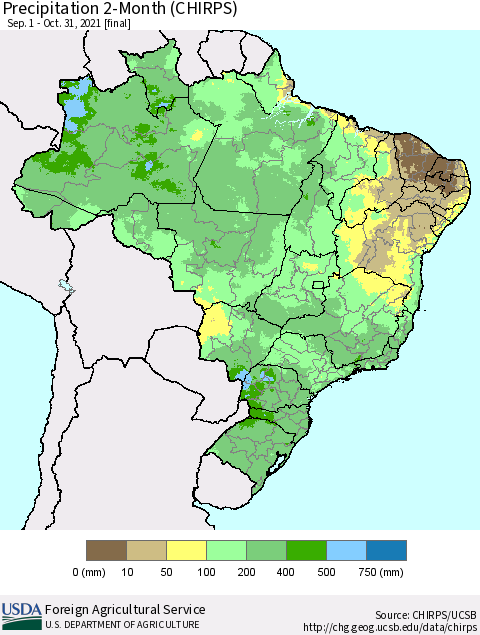 Brazil Precipitation 2-Month (CHIRPS) Thematic Map For 9/1/2021 - 10/31/2021