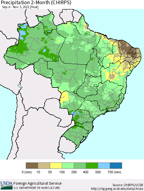 Brazil Precipitation 2-Month (CHIRPS) Thematic Map For 9/6/2021 - 11/5/2021