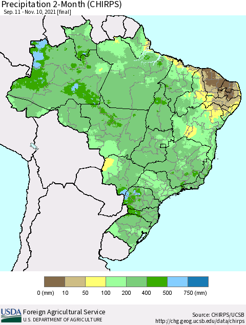 Brazil Precipitation 2-Month (CHIRPS) Thematic Map For 9/11/2021 - 11/10/2021