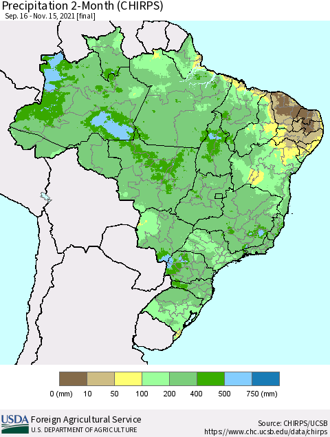 Brazil Precipitation 2-Month (CHIRPS) Thematic Map For 9/16/2021 - 11/15/2021
