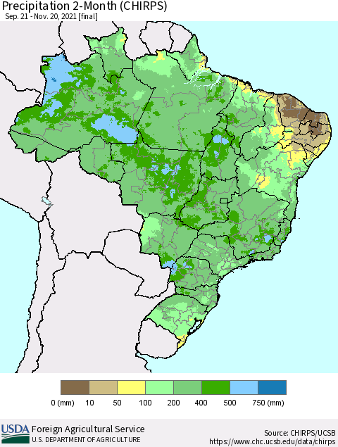 Brazil Precipitation 2-Month (CHIRPS) Thematic Map For 9/21/2021 - 11/20/2021