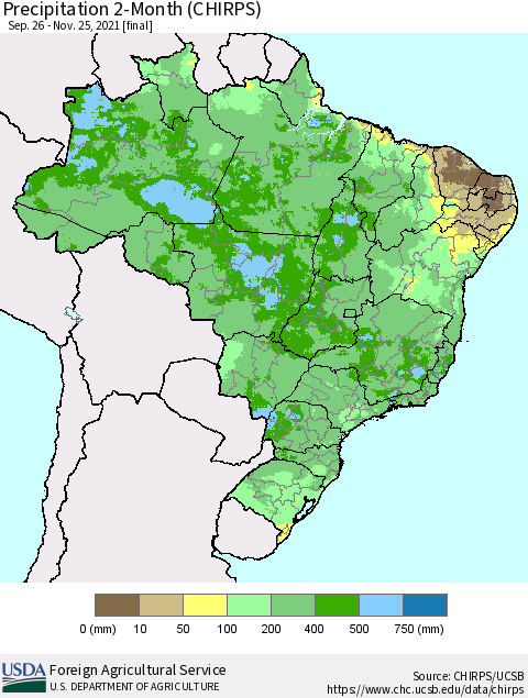 Brazil Precipitation 2-Month (CHIRPS) Thematic Map For 9/26/2021 - 11/25/2021