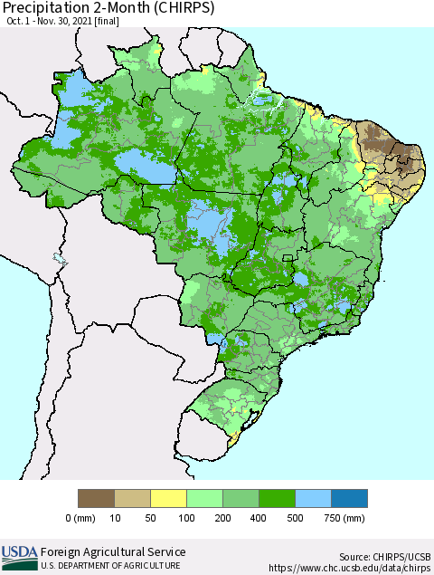 Brazil Precipitation 2-Month (CHIRPS) Thematic Map For 10/1/2021 - 11/30/2021