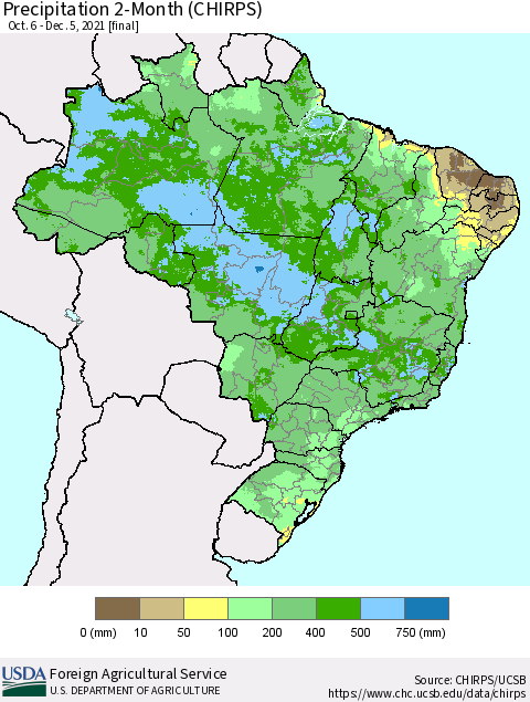 Brazil Precipitation 2-Month (CHIRPS) Thematic Map For 10/6/2021 - 12/5/2021