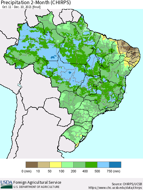 Brazil Precipitation 2-Month (CHIRPS) Thematic Map For 10/11/2021 - 12/10/2021