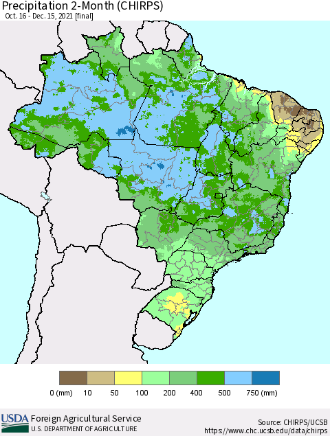 Brazil Precipitation 2-Month (CHIRPS) Thematic Map For 10/16/2021 - 12/15/2021