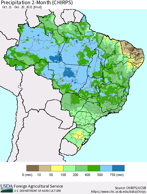 Brazil Precipitation 2-Month (CHIRPS) Thematic Map For 10/21/2021 - 12/20/2021