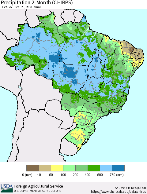 Brazil Precipitation 2-Month (CHIRPS) Thematic Map For 10/26/2021 - 12/25/2021