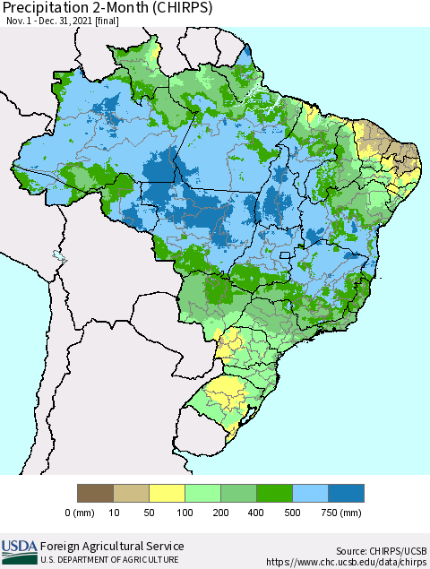 Brazil Precipitation 2-Month (CHIRPS) Thematic Map For 11/1/2021 - 12/31/2021