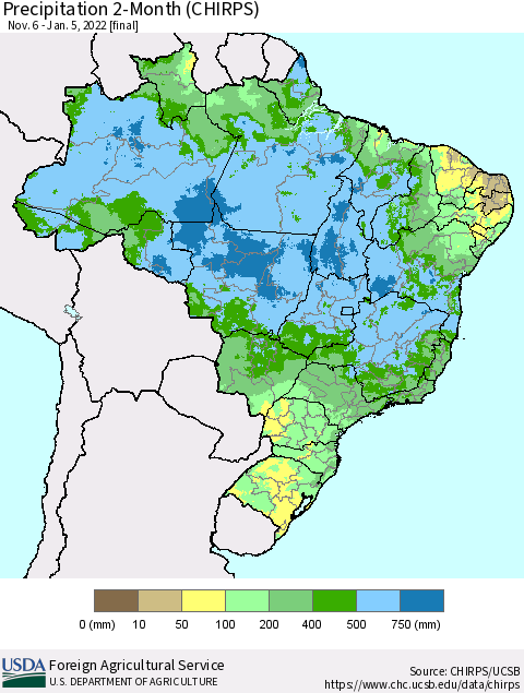 Brazil Precipitation 2-Month (CHIRPS) Thematic Map For 11/6/2021 - 1/5/2022