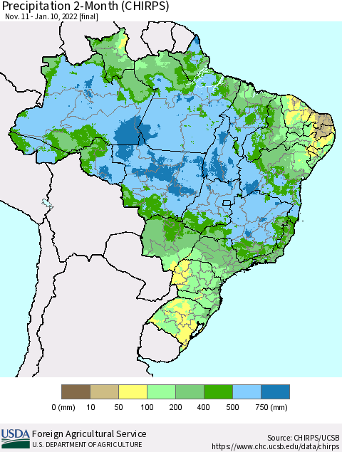 Brazil Precipitation 2-Month (CHIRPS) Thematic Map For 11/11/2021 - 1/10/2022