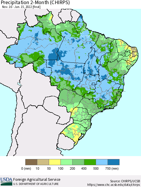 Brazil Precipitation 2-Month (CHIRPS) Thematic Map For 11/16/2021 - 1/15/2022