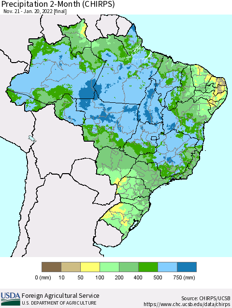 Brazil Precipitation 2-Month (CHIRPS) Thematic Map For 11/21/2021 - 1/20/2022