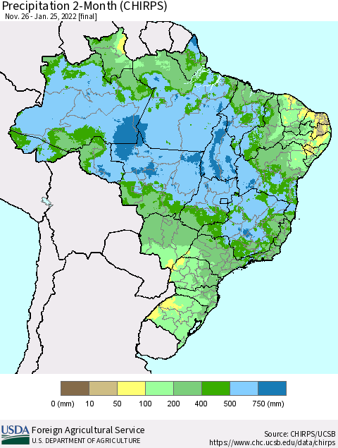 Brazil Precipitation 2-Month (CHIRPS) Thematic Map For 11/26/2021 - 1/25/2022