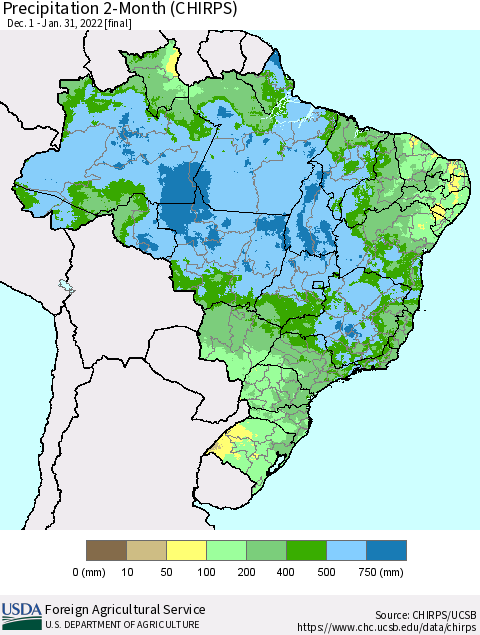 Brazil Precipitation 2-Month (CHIRPS) Thematic Map For 12/1/2021 - 1/31/2022