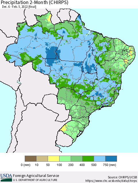 Brazil Precipitation 2-Month (CHIRPS) Thematic Map For 12/6/2021 - 2/5/2022