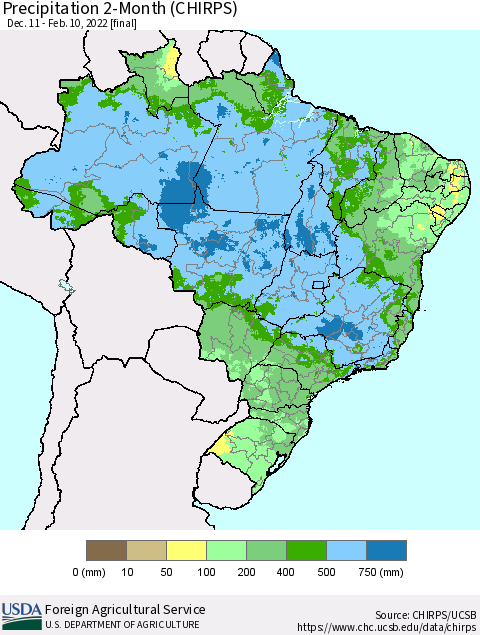 Brazil Precipitation 2-Month (CHIRPS) Thematic Map For 12/11/2021 - 2/10/2022