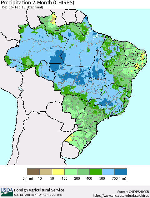 Brazil Precipitation 2-Month (CHIRPS) Thematic Map For 12/16/2021 - 2/15/2022