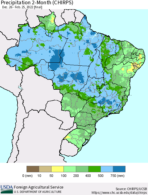 Brazil Precipitation 2-Month (CHIRPS) Thematic Map For 12/26/2021 - 2/25/2022