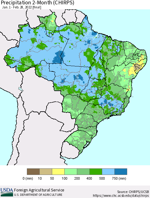 Brazil Precipitation 2-Month (CHIRPS) Thematic Map For 1/1/2022 - 2/28/2022