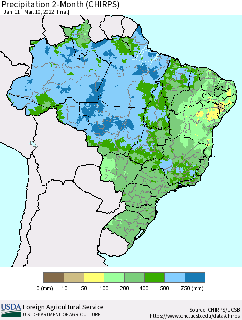 Brazil Precipitation 2-Month (CHIRPS) Thematic Map For 1/11/2022 - 3/10/2022