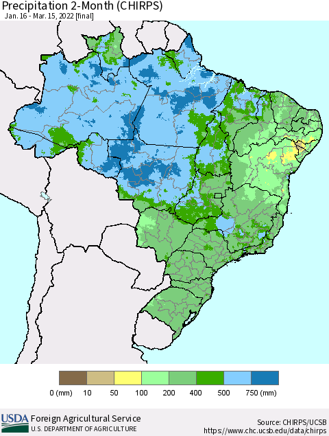 Brazil Precipitation 2-Month (CHIRPS) Thematic Map For 1/16/2022 - 3/15/2022