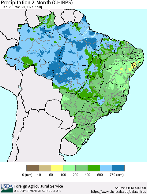 Brazil Precipitation 2-Month (CHIRPS) Thematic Map For 1/21/2022 - 3/20/2022