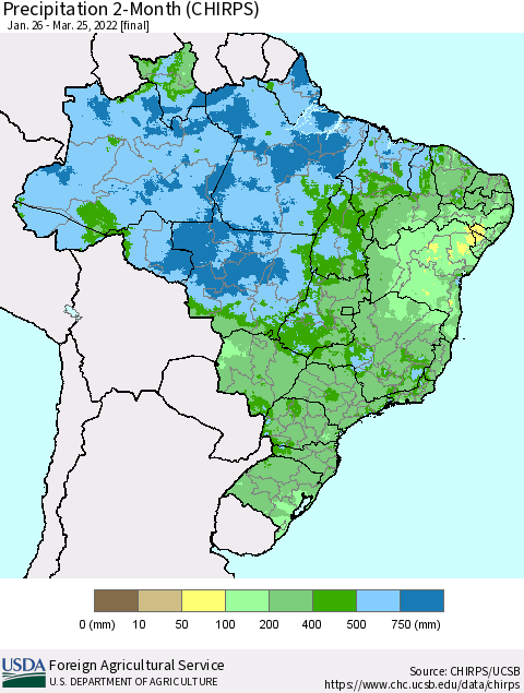 Brazil Precipitation 2-Month (CHIRPS) Thematic Map For 1/26/2022 - 3/25/2022