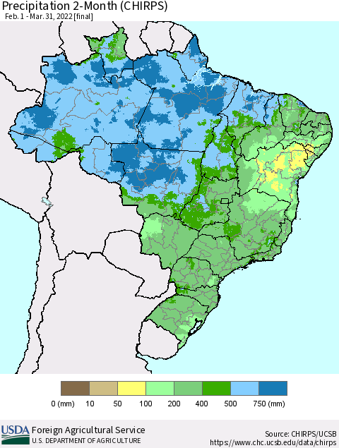 Brazil Precipitation 2-Month (CHIRPS) Thematic Map For 2/1/2022 - 3/31/2022