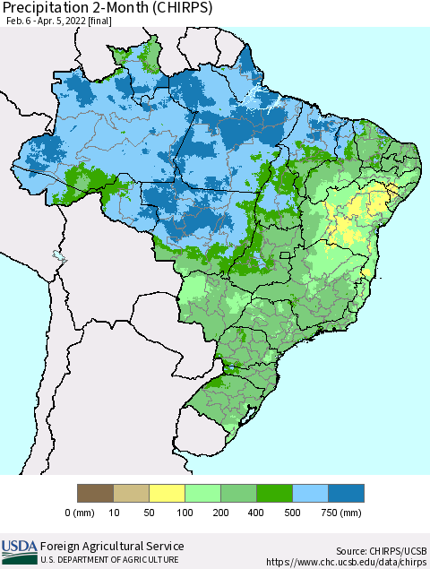 Brazil Precipitation 2-Month (CHIRPS) Thematic Map For 2/6/2022 - 4/5/2022