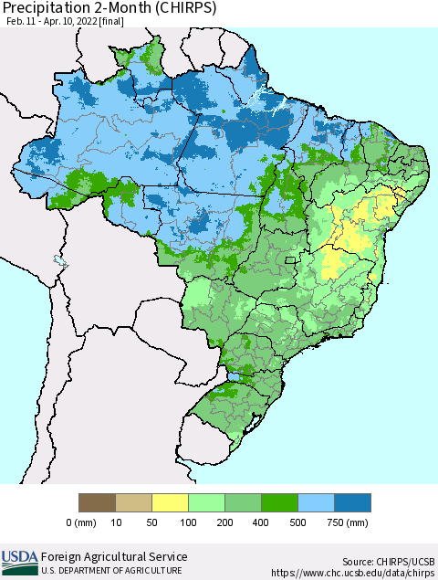 Brazil Precipitation 2-Month (CHIRPS) Thematic Map For 2/11/2022 - 4/10/2022