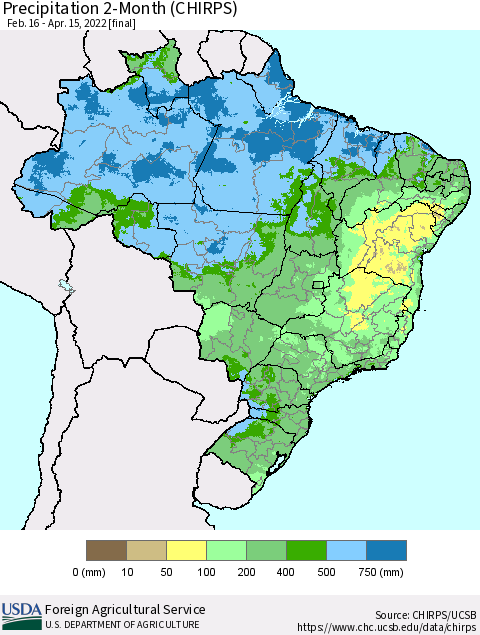 Brazil Precipitation 2-Month (CHIRPS) Thematic Map For 2/16/2022 - 4/15/2022