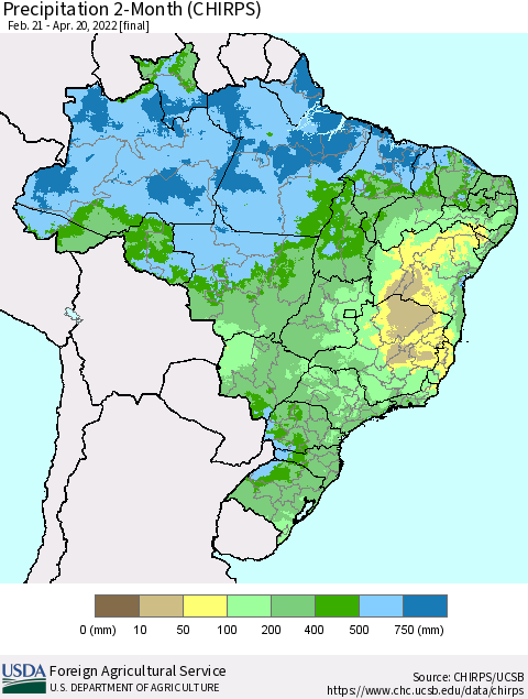 Brazil Precipitation 2-Month (CHIRPS) Thematic Map For 2/21/2022 - 4/20/2022