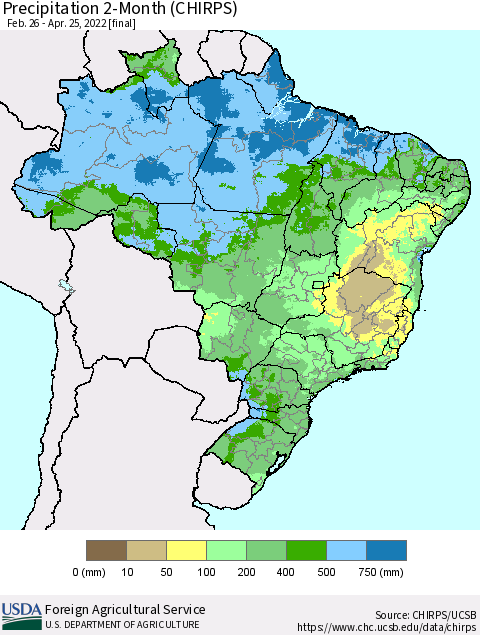 Brazil Precipitation 2-Month (CHIRPS) Thematic Map For 2/26/2022 - 4/25/2022
