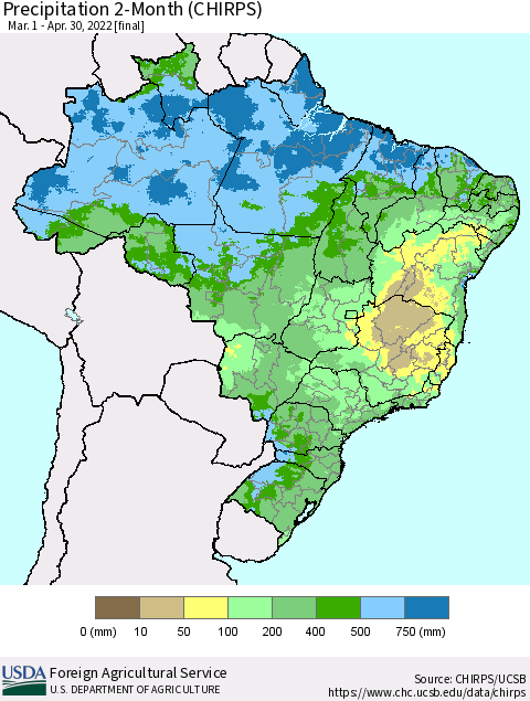 Brazil Precipitation 2-Month (CHIRPS) Thematic Map For 3/1/2022 - 4/30/2022