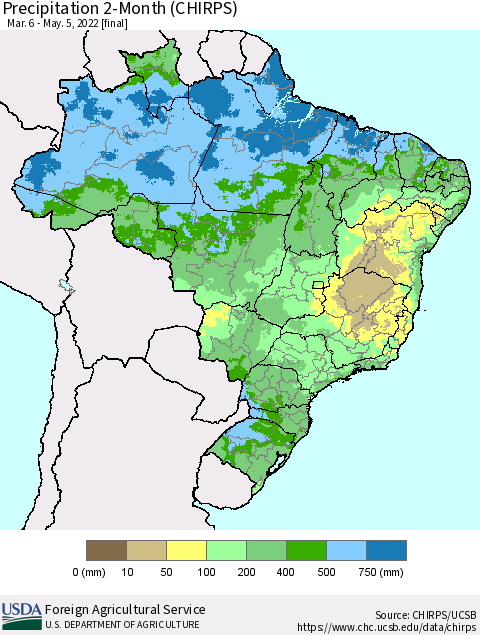 Brazil Precipitation 2-Month (CHIRPS) Thematic Map For 3/6/2022 - 5/5/2022