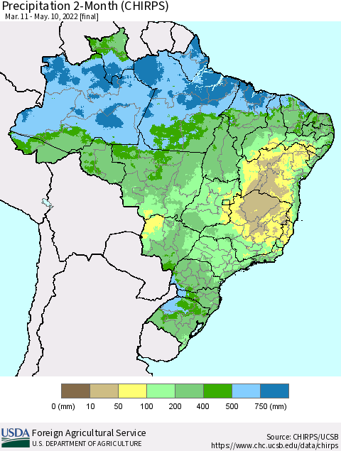 Brazil Precipitation 2-Month (CHIRPS) Thematic Map For 3/11/2022 - 5/10/2022