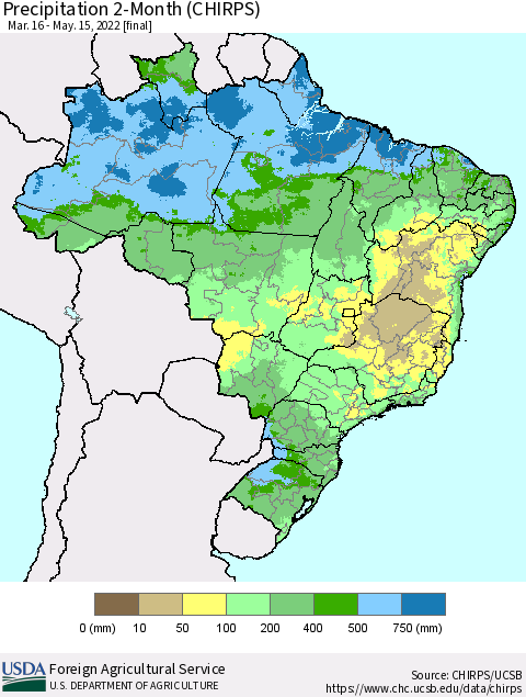 Brazil Precipitation 2-Month (CHIRPS) Thematic Map For 3/16/2022 - 5/15/2022