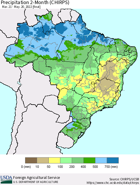 Brazil Precipitation 2-Month (CHIRPS) Thematic Map For 3/21/2022 - 5/20/2022
