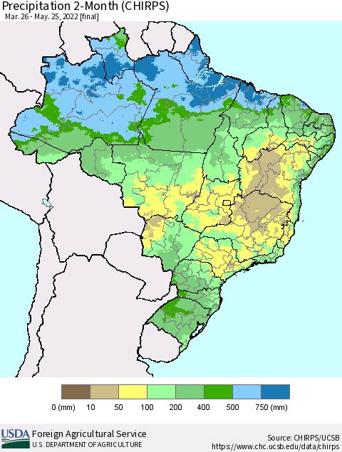 Brazil Precipitation 2-Month (CHIRPS) Thematic Map For 3/26/2022 - 5/25/2022
