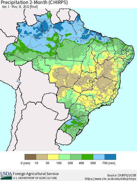 Brazil Precipitation 2-Month (CHIRPS) Thematic Map For 4/1/2022 - 5/31/2022