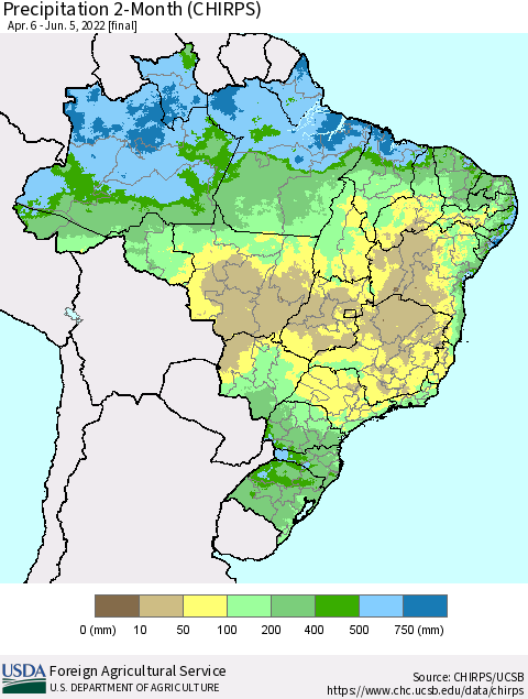 Brazil Precipitation 2-Month (CHIRPS) Thematic Map For 4/6/2022 - 6/5/2022