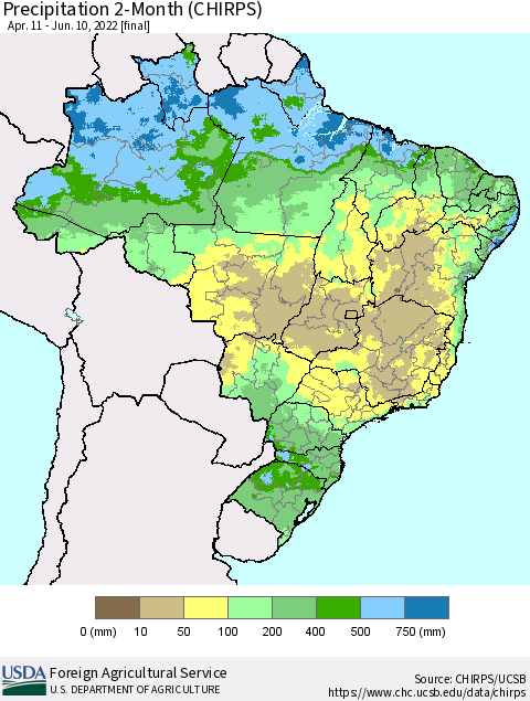 Brazil Precipitation 2-Month (CHIRPS) Thematic Map For 4/11/2022 - 6/10/2022