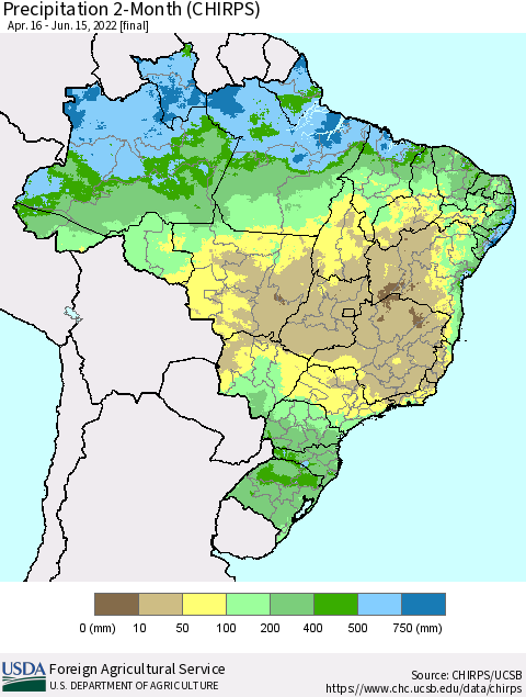 Brazil Precipitation 2-Month (CHIRPS) Thematic Map For 4/16/2022 - 6/15/2022