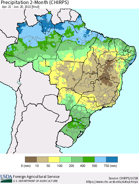 Brazil Precipitation 2-Month (CHIRPS) Thematic Map For 4/21/2022 - 6/20/2022