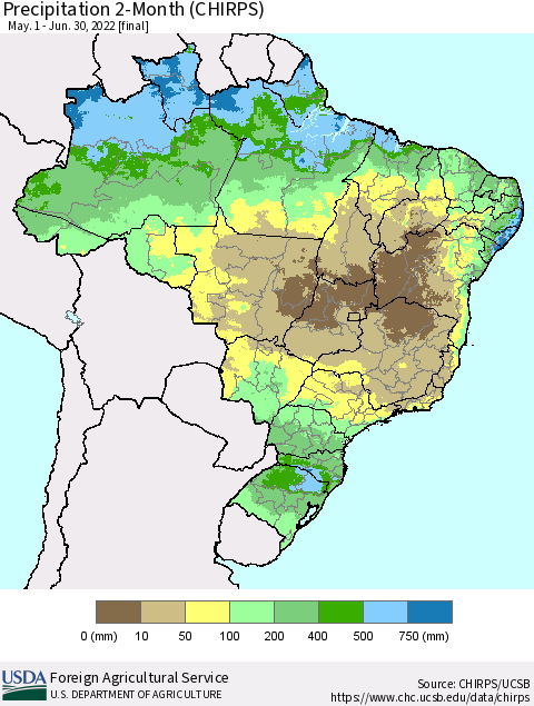 Brazil Precipitation 2-Month (CHIRPS) Thematic Map For 5/1/2022 - 6/30/2022