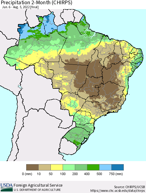 Brazil Precipitation 2-Month (CHIRPS) Thematic Map For 6/6/2022 - 8/5/2022